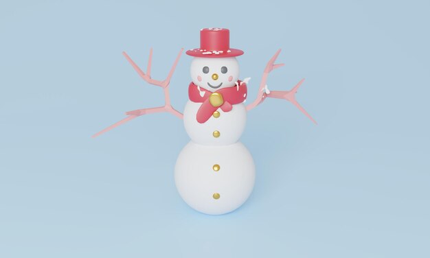 Photo scène pastel de noël avec bonhomme de neige personnages mignons rendu 3d illustration neige saison d'hiver au festival de vacances