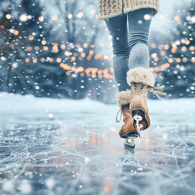 Scène de patinage sur glace d'hiver avec une femme marchant sur le lac glacé