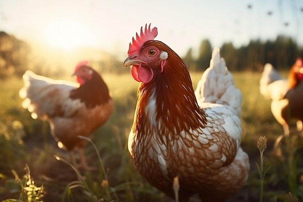 Scène de pâturage en plein air de poules et de poussins au soleil AI générative