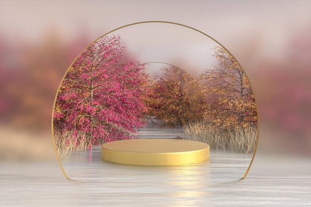 Scène de paysage d'automne avec un podium pour le rendu 3D de l'affichage des produits