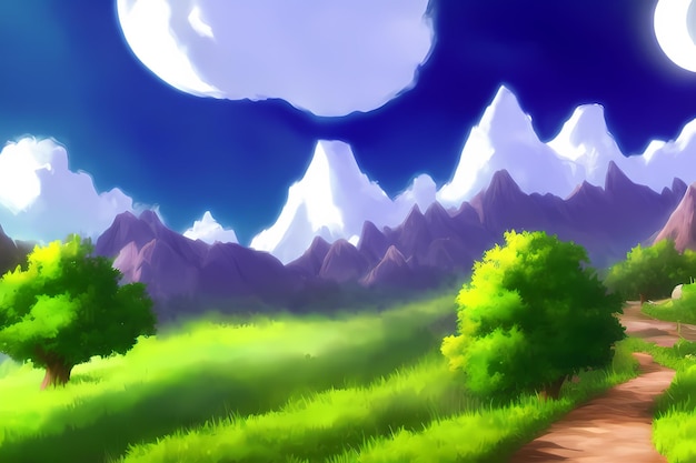 Photo scène de paysage avec une belle verdure, des montagnes, des prairies, des arbres, avec un ciel bleu et des montagnes