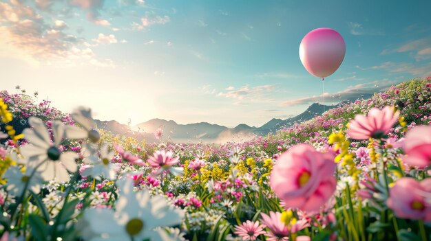 Une scène de paysage avec des fleurs gonflant un ballon au printemps et en été rendu 3D