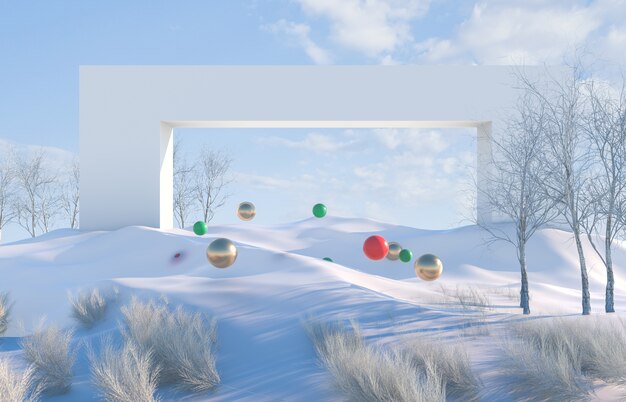 Scène de paysage d'hiver avec des boules géométriques