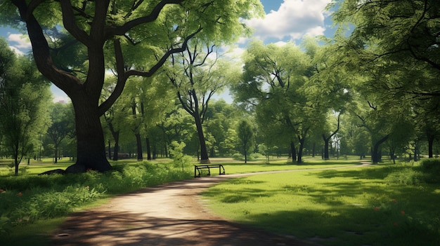 Scène de paysage de parc avec des arbres verts et des sentiers de randonnée pour la relaxation par une journée ensoleillée IA générative