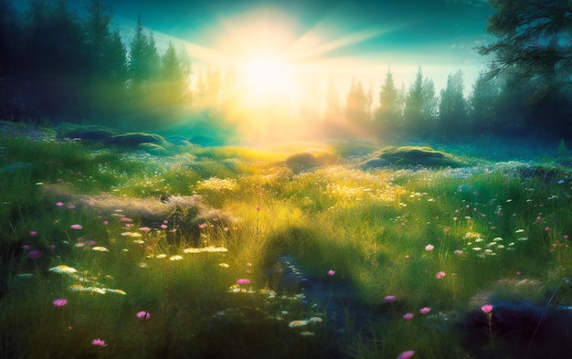 Une scène de paysage avec le soleil qui brille sur l'herbe