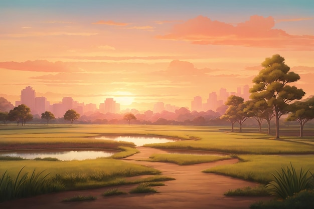 Scène de paysage vide d'un parc naturel au coucher du soleil