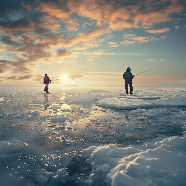 Scène de pêche sur glace estonienne d'hiver avec des hommes sur un lac gelé