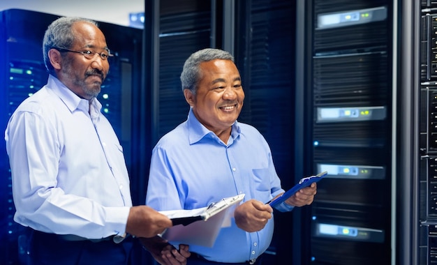 scène de personnes de 50 ans et plus travaillant dans des salles de serveurs informatiques et des centres de données