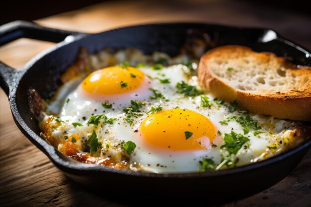Photo scène de petit déjeuner rustique avec du bacon et des œufs brûlants dans une casserole en fonte sur une table en bois