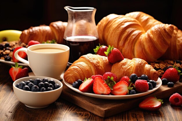 Photo scène de petit déjeuner savoureux avec une variété de délicieuses friandises laissant de la place pour votre message