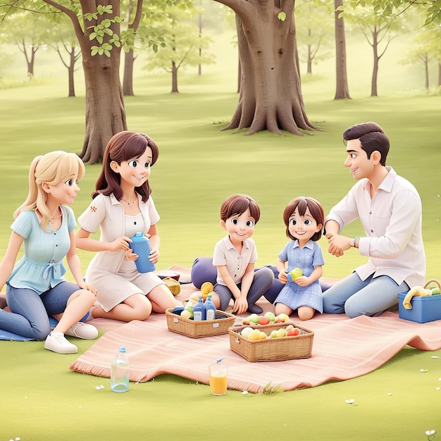Scène de pique-nique avec une famille heureuse dans le style d'animation 3D de la forêt