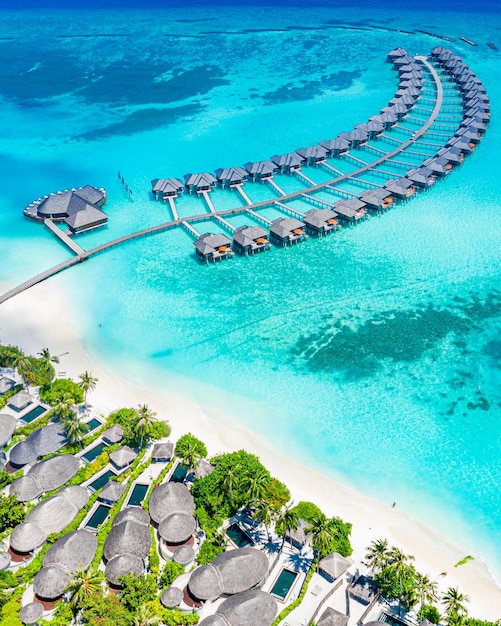 Scène de plage aérienne de l'île des Maldives. Sable blanc, lagon de mer limpide, palmiers. Vacances de voyage de luxe