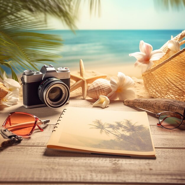 Photo une scène de plage avec un appareil photo et un carnet de notes