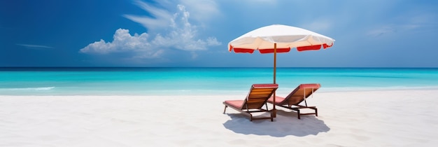 Une scène de plage avec une chaise longue et un parasol