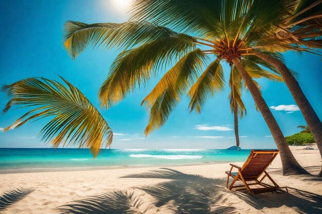 une scène de plage avec une chaise et des palmiers sur la plage