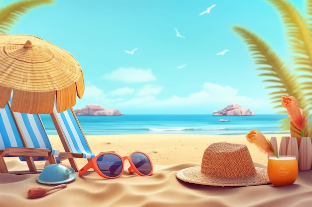 Une scène de plage avec une chaise de plage, un chapeau et des lunettes de soleil.