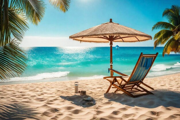 Photo une scène de plage avec une chaise de plage et un parapluie sur la plage