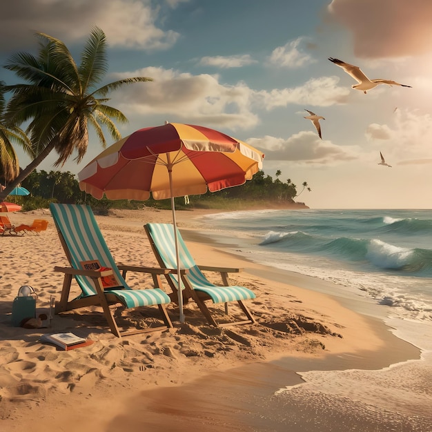 une scène de plage avec une chaise de plage et un parapluie qui dit quote lago quote