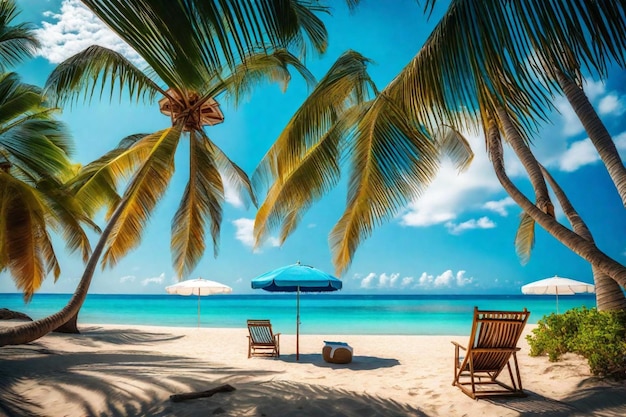 une scène de plage avec des chaises et un parapluie sur la plage