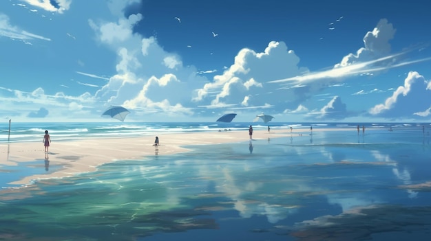 Une scène de plage avec un ciel bleu et des nuages