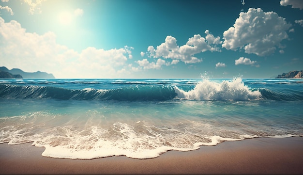 Une scène de plage avec un ciel bleu et des vagues