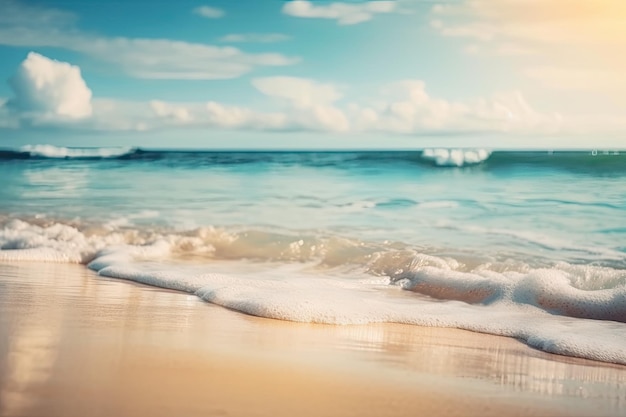 Une scène de plage avec un ciel bleu et des vagues