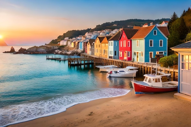 Une scène de plage colorée avec un bateau et une jetée en arrière-plan.