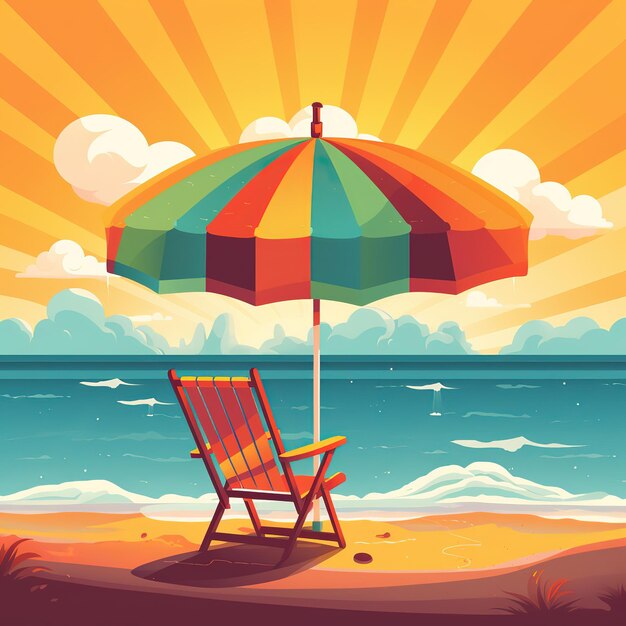 Une scène de plage colorée avec une chaise et un parasol sur la plage.