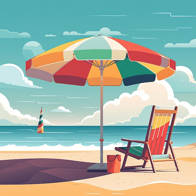 Une scène de plage colorée avec un parasol et un parasol.