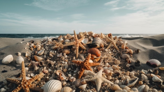 Une scène de plage avec des coquillages et des étoiles de mer sur la plage