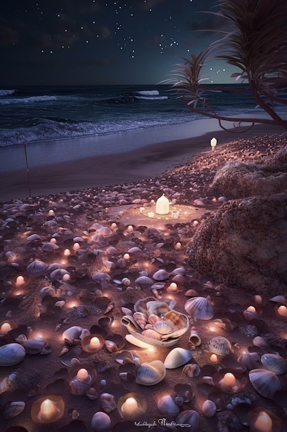 Une scène de plage avec des coquillages et une lampe sur la plage.