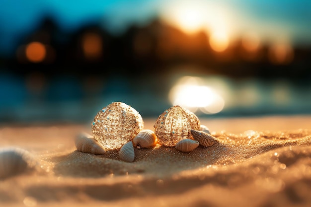 Une scène de plage avec des coquillages et le soleil se couchant derrière