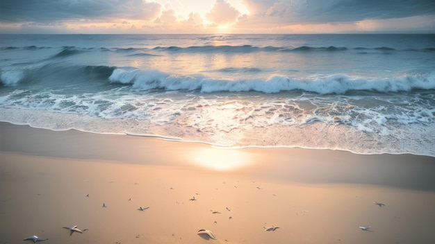 Une scène de plage avec un coucher de soleil et une vague se brisant sur le sable.