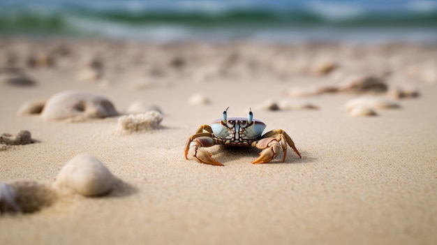 Une scène de plage avec un crabe rampant sur le sable