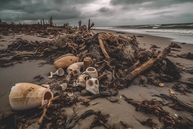 Une scène de plage avec des crânes et des os sur la plage.