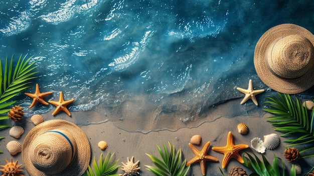 Scène de plage avec des feuilles de palmier et des chapeaux d'étoile de mer