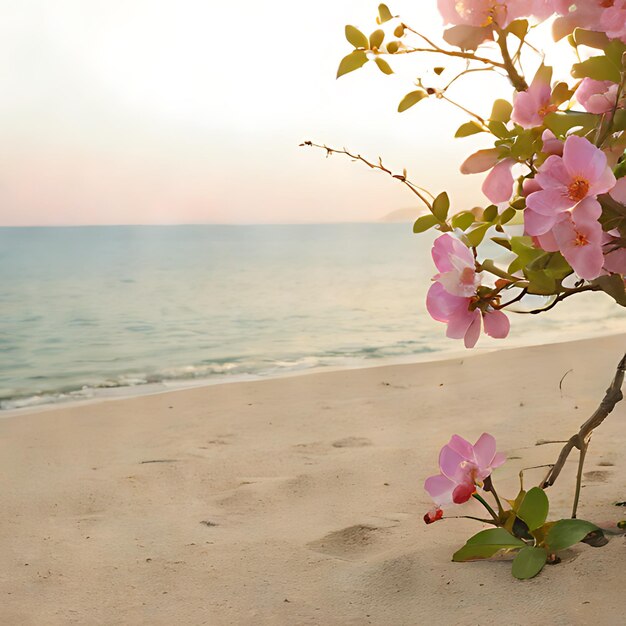 une scène de plage avec une fleur rose et l'océan en arrière-plan