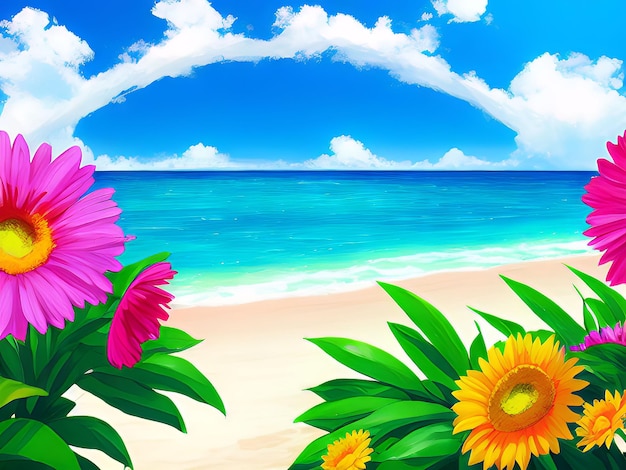 Une scène de plage avec des fleurs et un ciel bleu