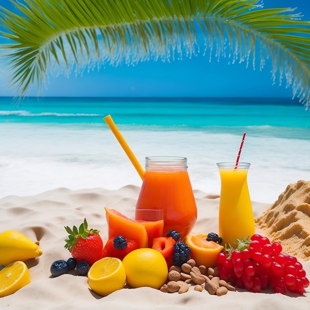 Une scène de plage avec des fruits et des boissons sur le sable