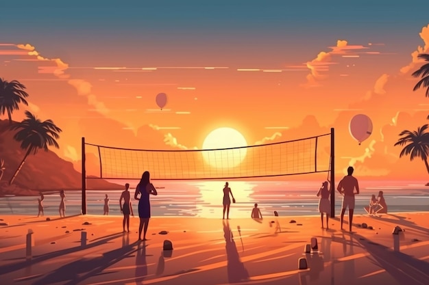 Une scène de plage avec des gens jouant au volley-ball et le soleil se couche