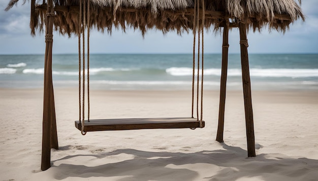 une scène de plage avec un hameau et une cabane de paille sur le sable