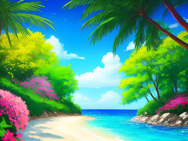 Une scène de plage avec une île tropicale et des palmiers.