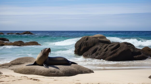 Une scène de plage avec un lion de mer reposant sur un rocher