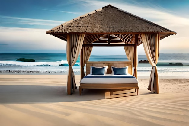 Une scène de plage avec un lit et une cabane de plage