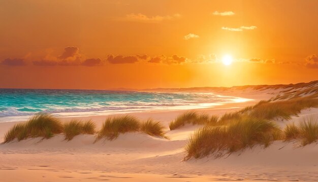 Une scène de plage avec un magnifique coucher de soleil où le soleil se couche sur l'océan la plage est sablonneuse et l'océen est bleu avec quelques vagues