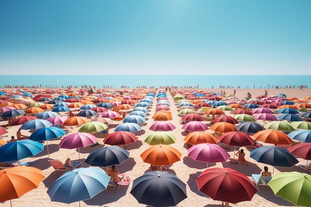 Une scène de plage avec de nombreux parasols dessus et le mot plage sur la droite