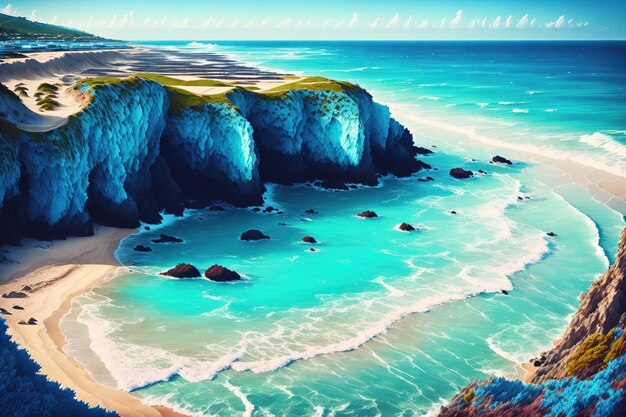 Une scène de plage avec un océan bleu et une plage et un ciel bleu.