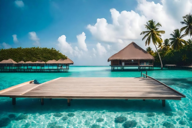 Une scène de plage avec un palmier et une cabane de plage sur l'eau.