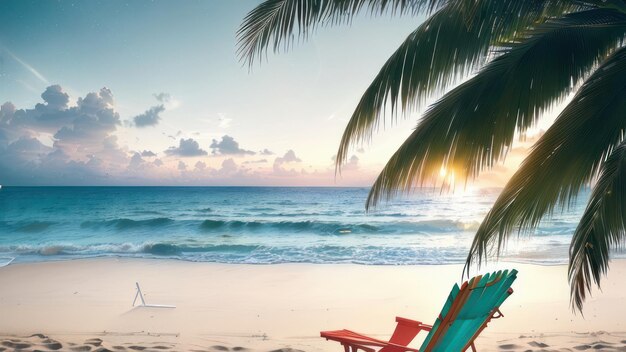 Une scène de plage avec un palmier et une chaise de plage