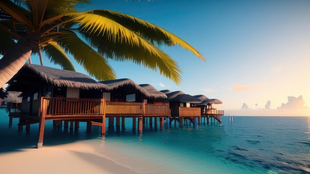 Une scène de plage avec un palmier et une maison sur la plage.